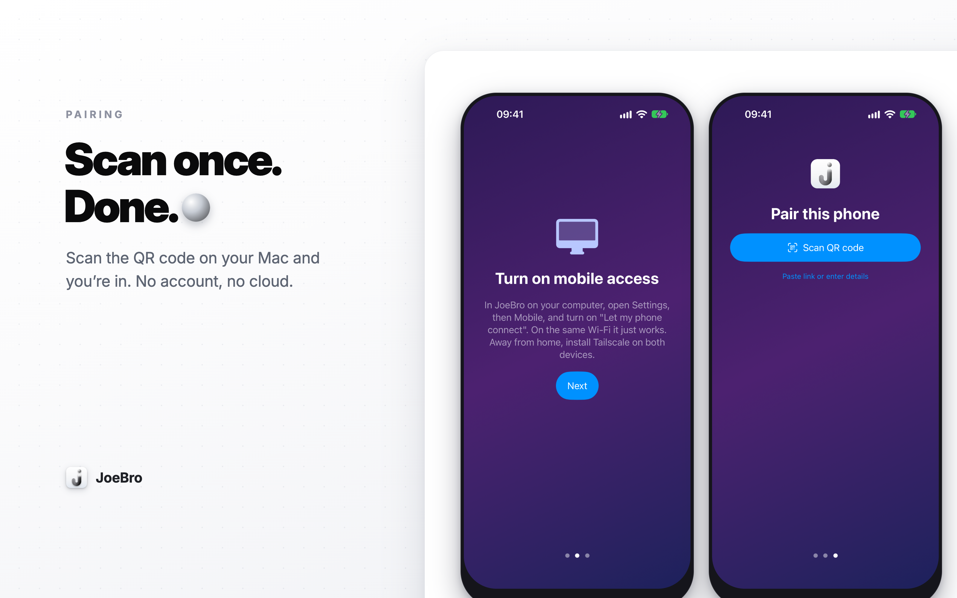 JoeBro Mobile scans a QR pairing code from the Mac app