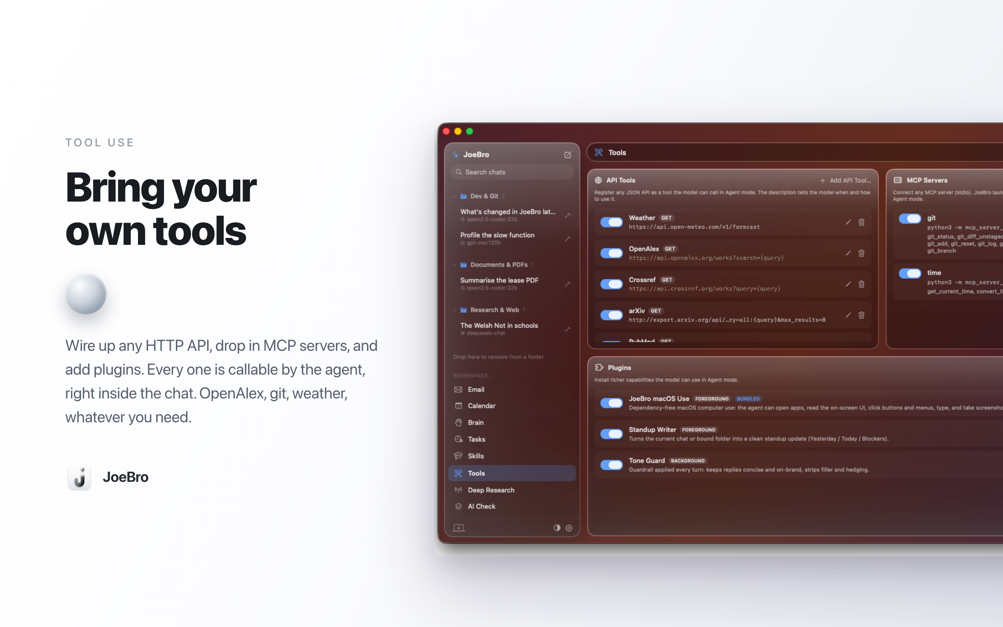 JoeBro tool settings for API tools, MCP servers and plugins