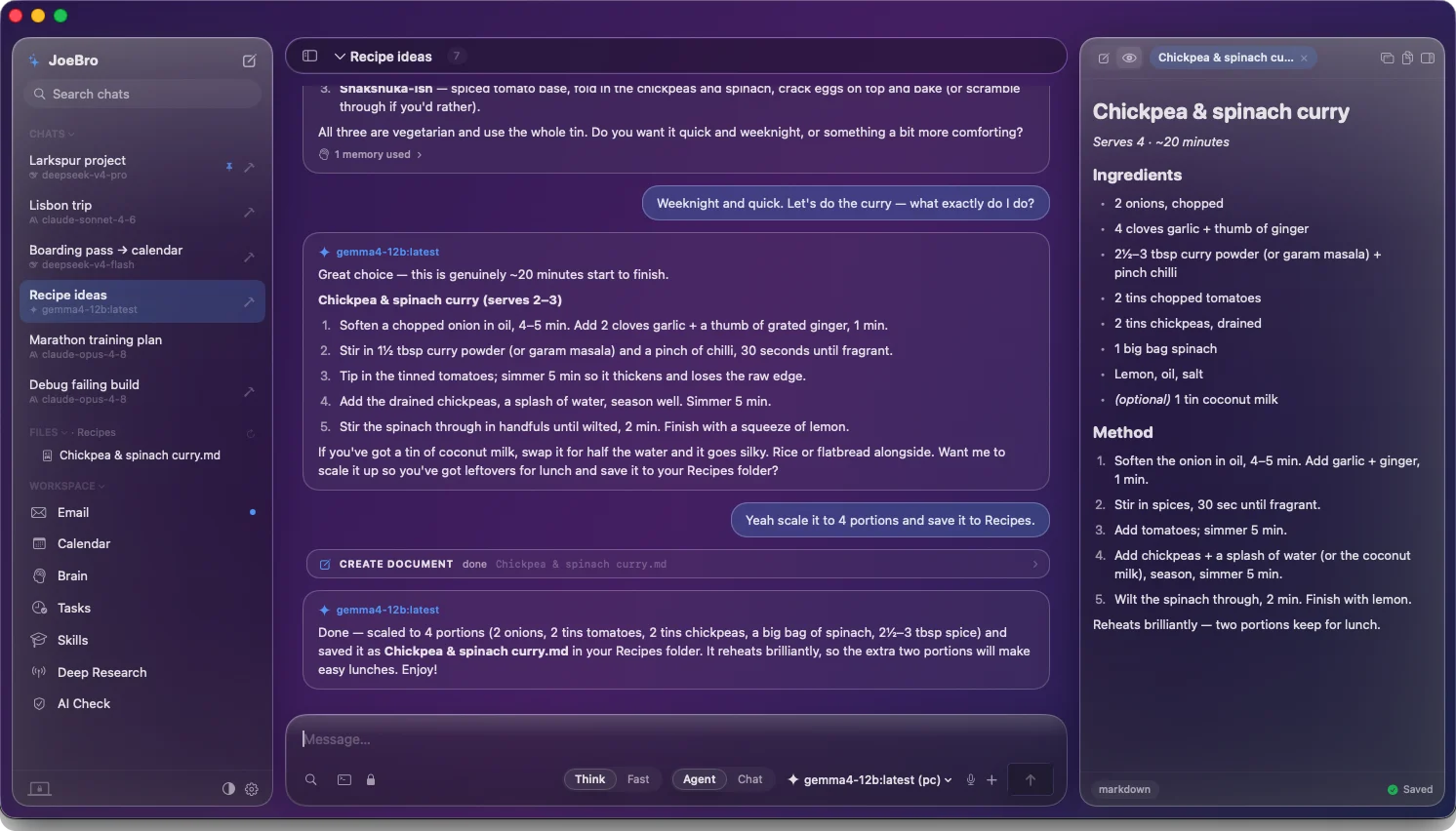 JoeBro chat with a recipe document open beside the conversation