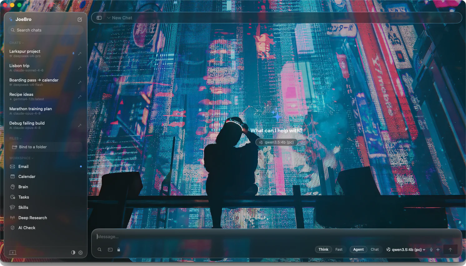 JoeBro with a glass theme over a wallpaper